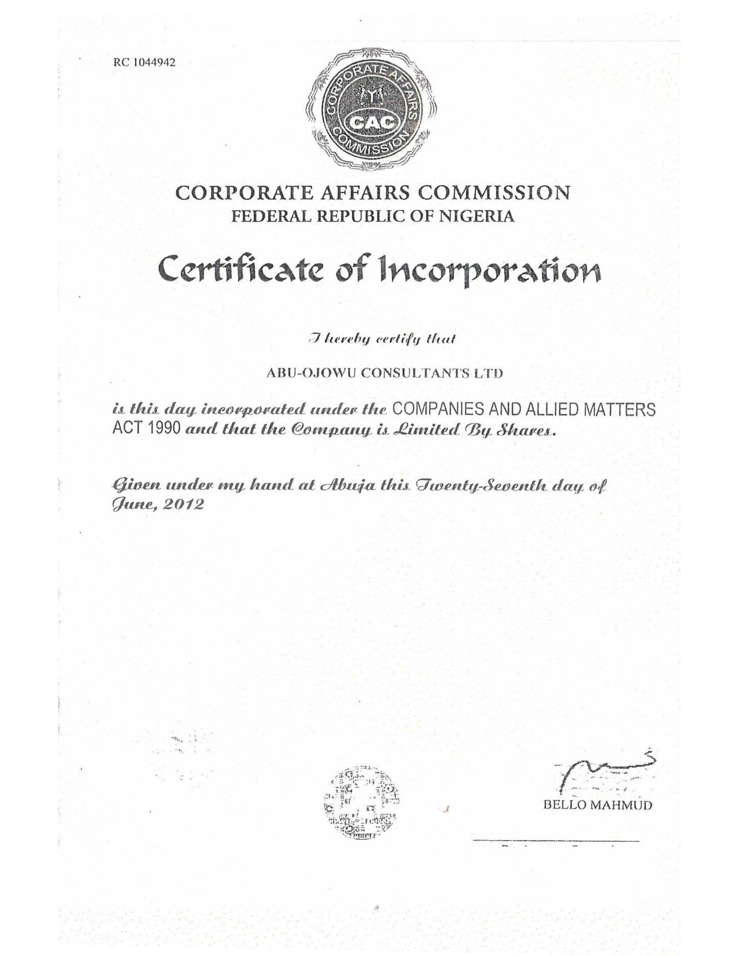 Certificate of Incorporation
